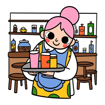 A cute anime girl with big eyes and vibrant pink hair is serving drinks in a cozy cafe. She is wearing a white blouse underneath a frilly apron, which has colorful patterns. Her expression is cheerful, showcasing a big smile. The cafe is warmly lit, with wooden furniture and small round tables. In her hands, she is holding a tray with several colorful drinks, including a bright pink smoothie and an iced coffee. Behind her, there are shelves lined with jars of pastries and coffee beans, adding to the inviting atmosphere.