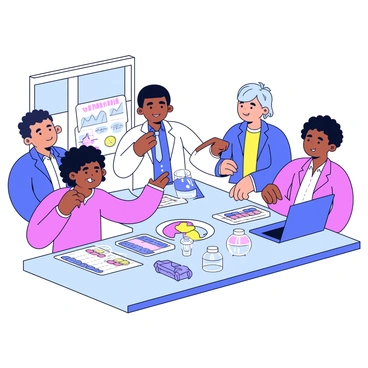 A diverse group of researchers is gathered around a rectangular table. There are three male researchers and two female researchers, each with distinct appearances, including different skin tones and hairstyles. The table is cluttered with various data charts that display graphs and statistics, alongside medical samples in transparent containers. One researcher is pointing at a chart, while another is taking notes. A laptop is open on the table, displaying a spreadsheet. Natural light is coming from a nearby window, illuminating the scene.
