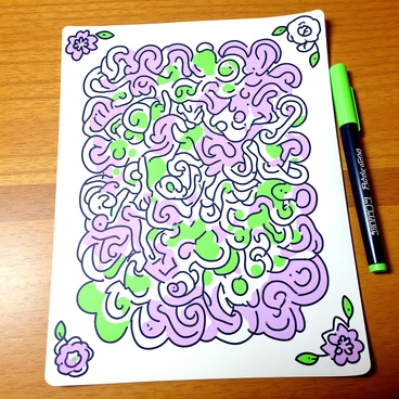 A piece of paper lies flat on a wooden surface, covered entirely in an intricate doodle drawn solely with a pen. The doodle features a mix of flowing lines, spirals, and geometric shapes that intertwine and overlap. In the corners, there are small detailed illustrations of flowers and abstract patterns that add complexity to the overall design. The doodle is densely packed, creating a rich tapestry of line work that invites closer inspection.