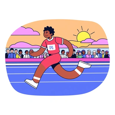 A sprinter in a dynamic running pose, pushing forward with all their energy on a straight track. The athlete is wearing a vibrant red athletic uniform and has short hair. The track is marked with white lines, and there is a blurred background of a cheering crowd. The sky features warm shades of orange, pink, and purple, indicating a sunset. The sun is partially visible near the horizon, casting elongated shadows on the track.