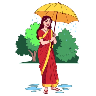 A traditional Indian girl is standing in the rain, holding a vibrant yellow umbrella above her head. She is wearing a beautiful red and gold saree that drapes elegantly around her. Raindrops are falling around her, creating ripples in puddles on the ground. The background features lush green trees, glistening under the rain. The girl's hair is slightly wet, and her face shows a joyful expression as she enjoys the monsoon shower.