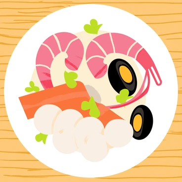 A collage of various seafood items arranged on a round white plate. The plate features plump pink shrimp with curled tails, glistening black mussels with shiny shells, and bright orange crab legs. There are also delicate slices of raw salmon laid out in a fan shape and small, white scallops with a slight sheen. Garnishes of fresh green parsley are scattered around the seafood, adding a pop of color. The background is a simple wooden table surface.