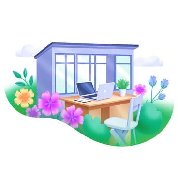 A modern pastel illustration of a home office situated in a lush garden setting. The office is a small structure with large windows, allowing natural light to flood the space. Surrounding the office are vibrant flowers in various colors, including pink, yellow, and blue, alongside lush green plants and bushes. A wooden desk is visible through the window, adorned with a laptop, a notepad, and a potted plant. A gentle breeze causes the flowers to sway slightly, enhancing the peaceful garden atmosphere.