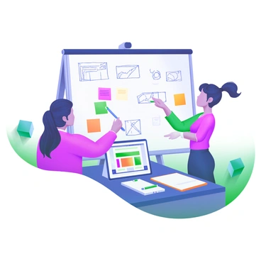 A modern pastel illustration depicting a team of illustrators gathered around a large whiteboard. The whiteboard is filled with various sketches and colorful sticky notes, showcasing different branding ideas. The illustrators are engaged in discussion, with one pointing at a specific sketch. On the table in front of them, there are sketchbooks, markers, and a tablet displaying design software. The atmosphere is collaborative, with a bright and inviting color palette.