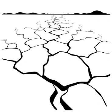 A cracked surface of a dry lakebed extending into the distance, showcasing a pattern of fissures and dry earth. In the foreground, large, irregularly shaped cracks create a textured landscape. As the lakebed stretches further back, smaller cracks begin to appear, leading towards a horizon where the ground meets the sky. The scene evokes a sense of vastness, with the dry earth radiating outwards towards an endless expanse.