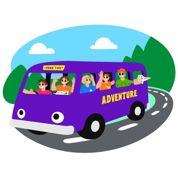 A purple bus with the words "Road Trip Adventure" written in bold, playful letters on the side. The windows of the bus are open, and a group of four friends is leaning out enthusiastically, each waving their hands with big smiles on their faces. One friend has curly hair and is wearing sunglasses, another has a baseball cap tilted to one side, the third is holding a colorful map, and the last is wearing a bright t-shirt with a fun design. The bus is driving along a winding road surrounded by lush green trees and a bright blue sky, creating an exciting atmosphere.