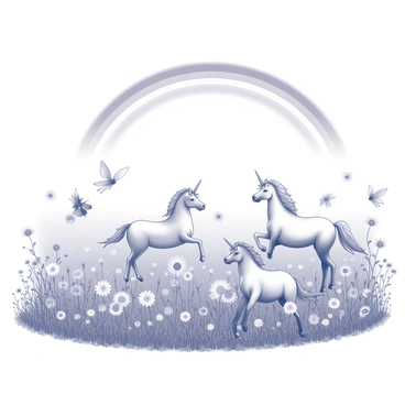 A vast field filled with a multitude of wildflowers of varying shapes and sizes. The flowers sway gently in the breeze, creating a dynamic landscape. Arched above the field is a large "rainbow" stretching across the sky. In the foreground, several "mythical creatures," such as unicorns and fairies, are in motion. The unicorns exhibit elegant poses, while the fairies are depicted fluttering among the flowers, their wings outstretched. The scene conveys a sense of joy and playfulness in this enchanting setting.
