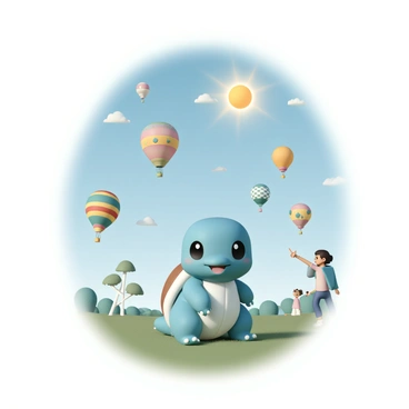 A Squirtle, with its blue shell and friendly smile, is sitting on a grassy field. Around it, colorful hot air balloons are floating in the sky, showcasing a variety of bright colors and patterns. Some balloons are striped with red, yellow, and green, while others have polka dots and geometric designs. The sun is shining brightly, casting a warm glow over the scene, and small clouds drift lazily in the blue sky. People can be seen in the background, some pointing up and others taking photos, all enjoying the festive atmosphere.