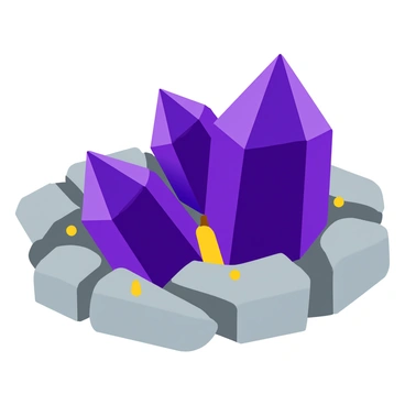 A close-up illustration of "shimmering amethyst crystals" with deep purple hues and facets that reflect light. The crystals are nestled among rough, gray rocks with textures that highlight their rugged surface. Small flecks of glittering minerals surround the base of the crystals, adding to the scene's richness. The background showcases a soft blur of earthy tones, emphasizing the beauty of the amethyst.