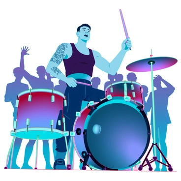 A drummer with a strong build and focused expression, sitting at a sleek, modern drum set. He is wearing a fitted black tank top and cargo pants, displaying his tattooed arms. The stage is illuminated by vibrant, colorful lights in shades of blue, green, and pink, casting dynamic shadows across the scene. The drummer is captured mid-performance, with one stick raised high in the air while the other strikes a cymbal. In the background, blurred silhouettes of cheering fans with raised hands amplify the energy of the moment. The atmosphere is electric, highlighting the excitement of the live music experience.