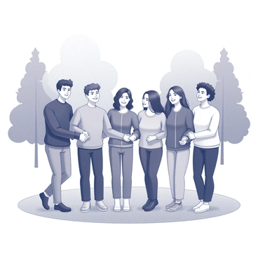 A diverse group of five friends standing together, linking arms to display unity. Each person has distinct features that represent different backgrounds and gender identities, showcasing a blend of cultures. They are positioned in a semi-circle, with smiles on their faces, conveying a sense of camaraderie. The background includes a park setting with trees and a clear sky, emphasizing the joyful atmosphere of the moment.