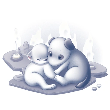 A small, fluffy kitten and a playful puppy are snugly curled up together. The kitten, with soft fur and bright eyes, is resting its head on the puppy’s back. The puppy, with floppy ears and a wagging tail, is relaxed and content, its eyes closed in comfort. They are positioned near a crackling fireplace, with gentle flames visible in the background, providing a warm glow that highlights their cozy poses. A few scattered toys can be seen nearby, adding to the domestic setting.