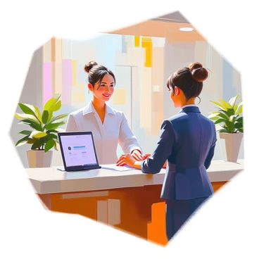 An employee with short black hair and wearing a navy blue suit is standing at the reception desk of an office building. The reception area features a sleek modern design, with a polished wooden desk and a digital check-in screen. The receptionist, a woman with light brown hair styled in a bun, is smiling and assisting the employee. In the background, there are potted plants and contemporary artwork adorning the walls. The lighting is bright and inviting, creating a professional atmosphere.