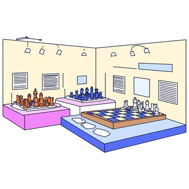 A museum exhibit featuring a collection of historical chess sets. The display includes several intricately designed chess sets from different eras and cultures. Each chess set is placed on individual pedestals with clear glass covers. The pieces are crafted from materials such as wood, ivory, and metal, showcasing unique designs and details. The backdrop of the exhibit consists of soft, neutral-colored walls that enhance the visibility of the chess sets. There are informative plaques next to each set, describing their origins and historical significance. Soft spotlights illuminate the chess sets, highlighting their craftsmanship and intricate details.