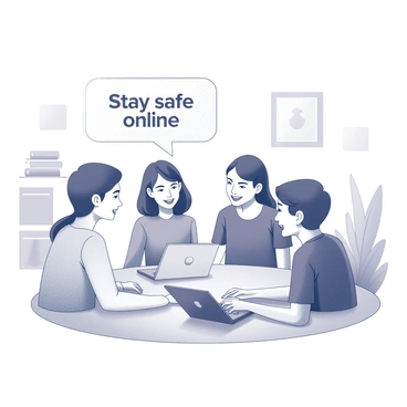 A group of four friends engaging in a video chat. Each friend is depicted in their own separate location, with laptops or tablets in front of them. They are smiling and appearing to enjoy their conversation. Above them, a text bubble emerges with the words "Stay safe online" clearly displayed inside it. The background includes simple hints of their individual environments, such as a bookshelf, a plant, or a poster on the wall.