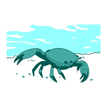 A small teal crab is scuttling across the wet sand near the water's edge. The crab has a shiny shell and is moving quickly, its legs actively pushing against the glistening grains of sand. The water is a gentle blue, lapping softly at the shore, creating small ripples around the crab’s movements. In the background, there are subtle reflections of the sky on the water's surface, adding to the coastal scene.