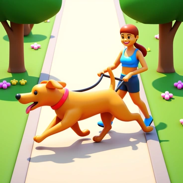 An energetic dog with a shiny golden coat is pulling its owner along a park pathway. The dog is wearing a vibrant red collar, with its tongue out and ears flapping in the wind. The owner, dressed in a sporty outfit, is smiling and holding onto the leash firmly. The pathway is lined with green grass and colorful flowers, with trees providing shade on either side. Sunlight casts playful shadows on the ground, creating a lively atmosphere.