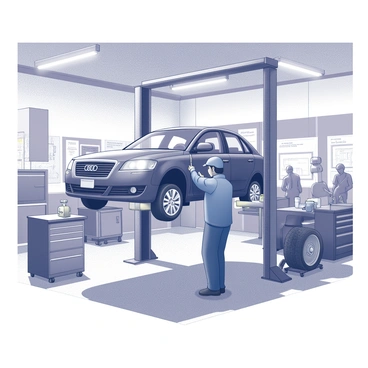 A mechanic is working underneath a car that is elevated on a lift. The mechanic is wearing a blue jumpsuit, with tools scattered around on the floor. The garage is filled with various equipment, including toolboxes, workbenches, and a tire rack. There are bright overhead lights illuminating the workspace, casting detailed shadows on the floor. The walls of the garage are lined with posters and diagrams related to car maintenance. In the background, other mechanics can be seen engaging in their tasks, contributing to the busy atmosphere of the garage.