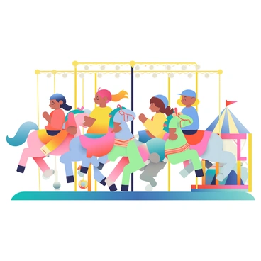 A group of three children is seated on colorful, intricately decorated horses of a carousel. The horses are adorned with vibrant colors, including red, blue, and yellow, and they are moving up and down as the carousel spins. Each child is wearing cheerful clothing: one child in a red shirt, the second in a yellow dress, and the third in a blue cap. The carousel is brightly lit with string lights that create a festive atmosphere, casting a warm glow over the scene. Surrounding the carousel are various carnival attractions, with bright colors and cheerful decorations, enhancing the joyful mood of the moment.