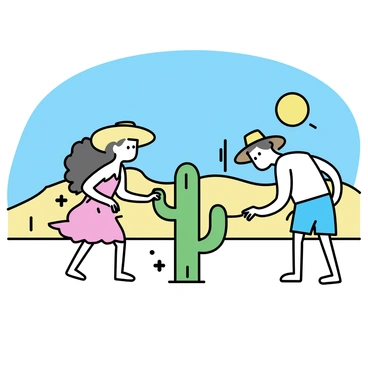 A desert scene featuring a limbo contest. In the foreground, two participants are attempting to limbo under a "cactus" limbo stick. One participant is a man wearing a wide-brimmed hat, a tank top, and shorts, bending backward under the cactus stick. The other participant is a woman in a colorful sundress, also bending to pass under the cactus. The background shows sand dunes and sparse desert vegetation. A bright sun is shining in a clear blue sky.