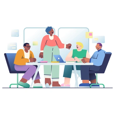 An open-concept workspace features a large rectangular table at the center. Around the table, a diverse group of team members is engaged in a discussion. A Black woman with curly hair is standing, gesturing with her hands as she shares her ideas. Seated are a Hispanic man with glasses, a Caucasian woman with short blonde hair, and a South Asian man wearing a blue shirt. On the table, there are various notebooks, a laptop, and a few colorful sticky notes scattered around. Large windows in the background let in natural light, illuminating the modern decor of the office.