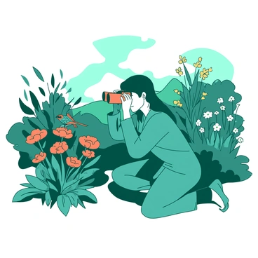 A teal birdwatcher is kneeling on the ground, intently observing a rare bird perched on a vibrant orange flower. The birdwatcher is holding a pair of orange binoculars close to their eyes, with an expression of concentration. Surrounding them is a lush fynbos landscape filled with various plants and flowers, creating a dense, textured background. The sky above is clear, allowing sunlight to illuminate the scene, highlighting the rich greens and oranges of the environment.