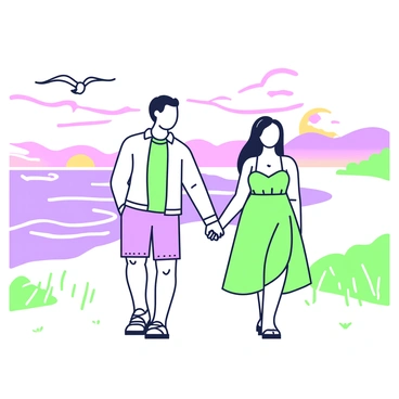 A couple is walking hand in hand on a beach during sunset. The couple features a man with short hair wearing a light-colored shirt and shorts, and a woman with long hair dressed in a flowing sundress. They maintain relaxed yet proper posture as they stroll along the shoreline. The waves gently lap at their feet, and seagulls can be seen flying in the background. The sky is filled with a gradient of colors as the sun sets on the horizon. The sand is smooth, and beach grass can be seen in the distance.
