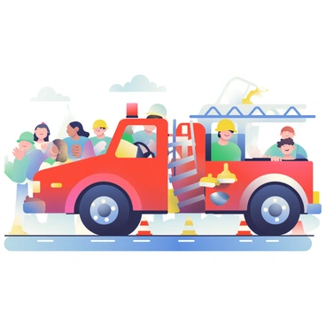 A bright red fire truck is arriving at the scene with sirens blazing. The truck has large, shiny wheels and sturdy metal ladders attached to its side. Firefighters in yellow helmets are visible in the open cabin, preparing to spring into action. Surrounding the truck are scattered emergency cones, and the road is wet, reflecting the vivid colors of the fire truck. In the background, a crowd of onlookers is watching the scene unfold, their expressions a mix of curiosity and concern.