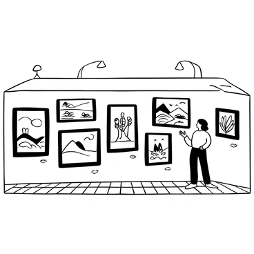 A gallery wall displaying a variety of illustrations. The illustrations, created with colored pencils, feature detailed images of landscapes, animals, and objects. Each artwork is framed in simple black frames, and some have small labels next to them. The wall has a smooth texture, and the floor is tiled with a checkerboard pattern. There are shadows cast from overhead lights, enhancing the three-dimensional aspect of the framed artworks.