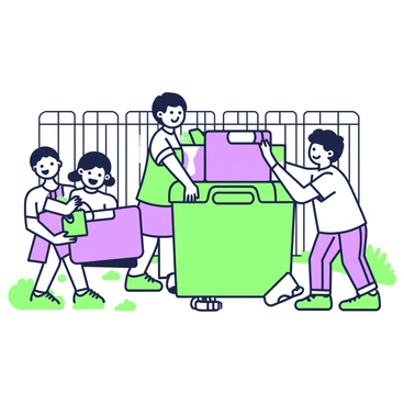 A group of children is working together in a backyard to build a fort made from reclaimed plastic items. One child is holding a large green plastic container as a base, while another is stacking purple crates on top. A third child is tying together colorful plastic bottles to create walls. The children are smiling and laughing, clearly enjoying the process of building. Surrounding them are patches of grass and a few scattered toys, highlighting the playful atmosphere of the scene. In the background, a wooden fence can be seen, adding depth to the backyard setting.