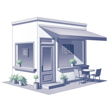 A small café with a welcoming facade featuring large front windows. The entryway is adorned with a charming "chalkboard menu" displaying various beverages and food items. Tiny potted plants are arranged along the windowsill and on small tables outside. The café has a rustic wooden door and an inviting outdoor seating area with a few chairs and tables. Each potted plant is well-cared for, adding a touch of greenery to the scene.