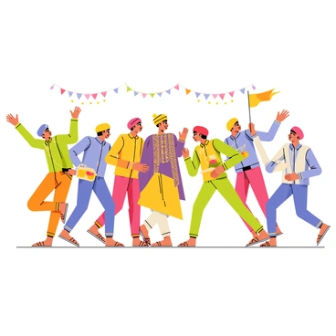 A group of five friends dancing energetically around the groom in the baraat. The friends are wearing colorful traditional attire, including vibrant turbans and kurtas. The groom is in a rich, ornate wedding outfit adorned with gold embroidery. They are performing lively dance moves, with one friend holding a decorative dhol, while another is waving a flag. The background features decorations of flowers and lights, enhancing the festive atmosphere. The overall scene conveys a sense of joy and celebration.