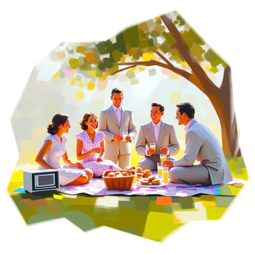 A group of five people dressed in 1940s attire is gathered on a lush green lawn for a summer picnic. Two women, one wearing a polka dot dress with a cinched waist and the other in a floral-patterned dress, are seated on a checkered picnic blanket. They are laughing and sharing sandwiches from a wicker basket. One man in a light-colored suit and another in a dark suit are standing nearby, holding glasses of lemonade and discussing animatedly. A radio is placed on the grass, playing music, and a large tree provides shade, its leaves rustling gently in the breeze. The sun is shining brightly, casting soft shadows on the ground.