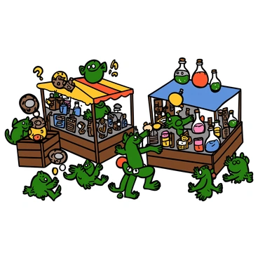 A bustling goblin market with small, green-skinned goblins scurrying around. The market is filled with quirky stalls made of wooden crates and colorful tarps. One stall is overflowing with odd trinkets like shiny baubles, strange mechanical devices, and small carved figurines. Another stall displays an array of colorful potions in glass vials, some glowing and others bubbling. Goblins are interacting, bartering loudly while examining the goods. The atmosphere is lively and vibrant, showcasing the charm of this unique market.