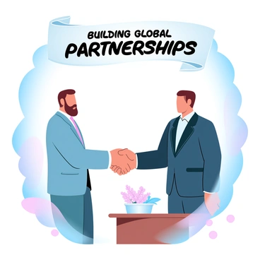 Imran Khan is standing in a formal setting, wearing a tailored suit. He is shaking hands with another world leader, who is also dressed in a suit. The two leaders are positioned in front of a large national flag, with a soft-focus background featuring elegant decor. A wooden table with a small bouquet of flowers is visible beside them. Above their handshake, a banner with the text "Building Global Partnerships" is displayed prominently.