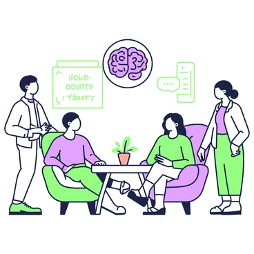 A supportive community scene where people are helping each other manage emotions, with the amygdala represented above them.