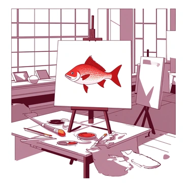 A red snapper fish is prominently displayed on a white easel in the center of a well-lit artist's studio. The fish is depicted in vibrant colors, showcasing its scales and fins, creating a striking focal point. Surrounding the easel are various painting supplies, including brushes and paint tubes scattered across a wooden table. The studio has large windows that let in natural light, illuminating the scene and casting soft shadows across the floor. On the walls, there are unfinished canvases, hinting at the artist's ongoing projects.