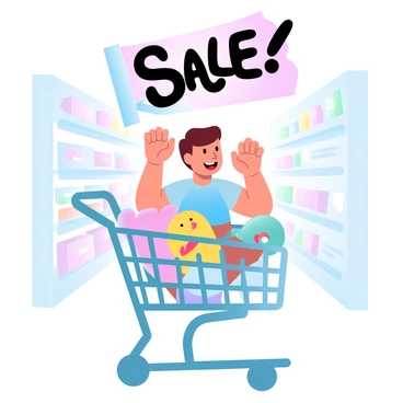 A child is sitting in the seat of a shopping cart, looking excited. The child has short hair and is wearing a colorful t-shirt. The child is holding a bright, soft toy in both hands, which is plush and has a cheerful design. The shopping cart is filled with various colorful items, including packages and groceries. The background features a store aisle lined with shelves filled with products. A large, vibrant label is visible above the shopping cart with the word "SALE" in bold letters.