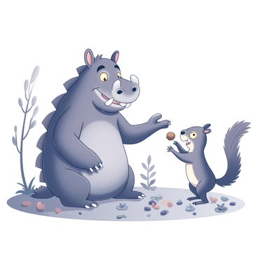 A large, fictional creature known as "the Gruffalo" is sitting on a forest floor covered in leaves and twigs. The Gruffalo has distinctive features such as large tusks, a spiky back, and prominent orange eyes. It is smiling as it extends one hand toward a small, energetic squirrel. The squirrel is standing on its hind legs, with its tail curled up behind it, eagerly reaching for an acorn that the Gruffalo holds. Around them, there are various trees, and the ground is scattered with acorns and foliage. The scene conveys a sense of interaction and sharing between the two characters.