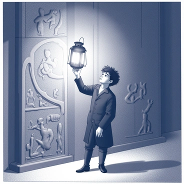 A figure resembling Arthur Rimbaud stands in a dimly lit environment, holding a lantern aloft. The lantern casts a warm glow, illuminating intricate ancient stone carvings on a nearby wall. The carvings depict various historical scenes and figures, showcasing detailed craftsmanship. The figure is dressed in period clothing, with distinctive hair framing his face. Shadows dance across the stone surface, creating a dramatic contrast as the light from the lantern highlights the textures of the carvings.