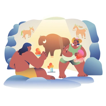 A group of prehistoric humans is gathered inside a cave, surrounded by rocky walls. Two individuals, a man and a woman, are using their hands to apply natural pigments to the cave surface. The man has dark long hair tied back and is wearing simple animal skins. He is focused on painting a large figure of a bison, using a dark brown pigment. The woman, with short, light-brown hair, is standing nearby, mixing red ochre with water in a small hollow stone. She is creating a smaller figure of a horse on the wall. In the background, other figures can be seen faintly painted on the walls, depicting various animals and abstract patterns. A flickering torchlight casts warm shadows around, illuminating their focused expressions as they work on their artworks.