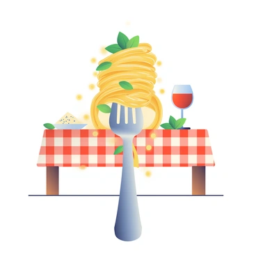 A massive silver fork is in the foreground, balancing a large mound of spaghetti twirled around its prongs. The spaghetti is a rich golden color, glistening with olive oil. Small sprigs of green basil are scattered throughout the pasta, adding a touch of color. In the background, there is a wooden table set with a red checkered tablecloth, enhancing the Italian dining atmosphere. A small white plate with grated parmesan cheese and a glass of red wine are positioned next to the fork, completing the scene.