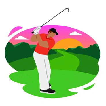 A golfer in a bright red polo shirt and white golf pants is taking a swing. The golfer's body is in mid-motion, with the golf club lifted high above their head. The setting is a vibrant golf course with lush green grass and well-kept fairways. In the background, there is a colorful sunset painting the sky in shades of orange, pink, and purple. Silhouettes of distant trees frame the scene, adding depth to the picturesque landscape. A few fluffy clouds scatter across the sky, catching the warm colors of the sunset.