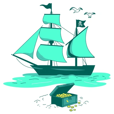 A teal pirate ship with billowing sails is anchored near a beach with soft white sand. The ship features a black flag with a skull and crossbones fluttering at the top of the mast. In the foreground, a partially buried treasure chest can be seen among the grains of sand, with gold coins spilling out of the open lid. The shoreline is gently lapped by turquoise waves, and a few seagulls are flying in the clear blue sky above.
