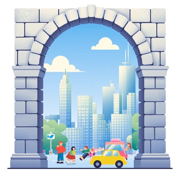 A modern cityscape filled with tall skyscrapers and glass buildings is visible through an ancient stone archway. The archway has weathered textures and intricate carvings, showcasing the contrast between old and new. Bright blue skies are above, with a few white clouds scattered around. Below, a bustling street is filled with people walking, and cars driving by, creating a sense of liveliness. The buildings in the background reflect sunlight, highlighting their contemporary designs.