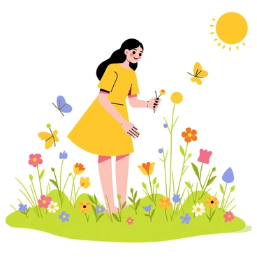 A young girl with long flowing hair is bending down to pick wildflowers in a lush green meadow. She is wearing a bright yellow dress that contrasts with the vivid colors of the flowers. Around her, various butterflies flutter gracefully, showcasing their vibrant wings in shades of blue, orange, and yellow. The meadow is filled with patches of colorful wildflowers including daisies, poppies, and clovers, swaying gently in the breeze. The sun is shining brightly, adding a warm glow to the entire scene.