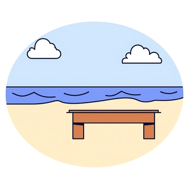 A simple wooden altar positioned on a sandy beach. The altar is unadorned, with a natural wood finish. In the background, gentle ocean waves are rolling in, creating a rhythmic pattern on the shoreline. The sky above is clear, with a few fluffy clouds scattered throughout. The beach is empty, emphasizing the tranquility of the scene.