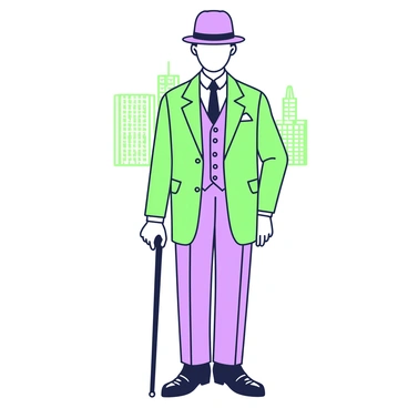 A dapper gentleman stands confidently, wearing a tailored three-piece suit with a fitted jacket, waistcoat, and matching trousers. He has on a classic bowler hat perched atop his head. In his right hand, he holds a polished cane with a decorative handle. His shoes are shiny and well-kept, reflecting the elegance of the 1920s fashion. The background features a subtle suggestion of a cityscape, hinting at the bustling urban environment typical of that era.