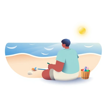 A tranquil seaside view features a wide expanse of soft, sandy beach with gentle waves lapping against the shore. In the foreground, a person is sitting cross-legged in the sand, sketching. The person has medium skin and short black hair, wearing a light blue t-shirt and beige shorts. A handful of seashells is scattered nearby, and a small wooden bucket sits next to the person, partially filled with colorful chalk. The sun is shining brightly, casting warm light across the scene, illuminating the soft texture of the sand and the shimmering surface of the water in the background.