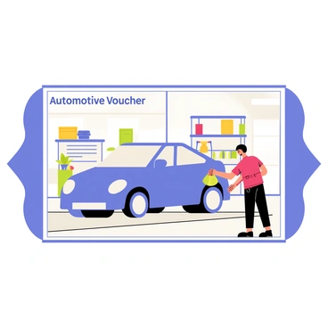 An automotive voucher featuring a vibrant illustration of a shiny blue car being polished inside a well-lit workshop. The workshop has bright overhead lights and a clean floor, with a mechanic wearing a red shirt and black pants using a polishing machine on the car's hood. Various tools and equipment are neatly organized on shelves in the background. The voucher has a decorative border and includes the text "Automotive Voucher" at the top in bold letters.